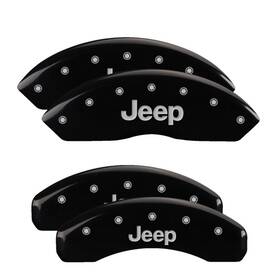 42018sjepbk Mgp Caliper Covers Set Of 4 Engraved Front And Rearjeep Blk Powder Coat Silver Char